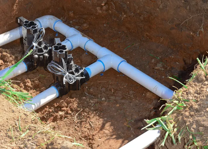 Three irrigation valves on new white PVC fittings, wired and sitting in an open hole in the lawn